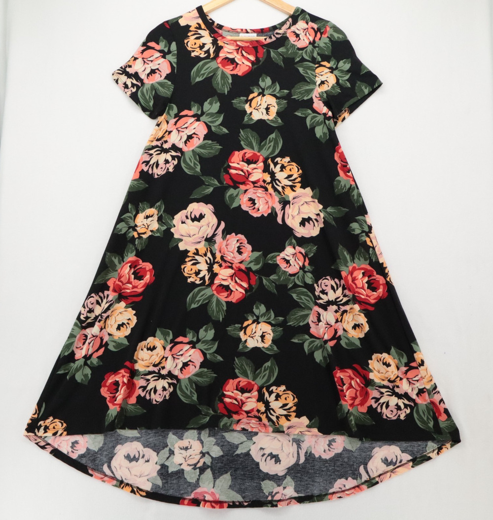 LULAROE Size XS Floral Dress Short Sleeve High Low Black Stretch Womens